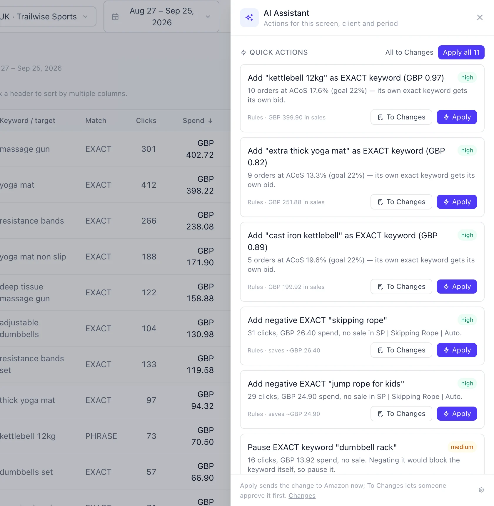 The AI Assistant drawer on the search terms page with quick actions: add exact keywords, add negatives and pause a keyword, each with Apply and To Changes